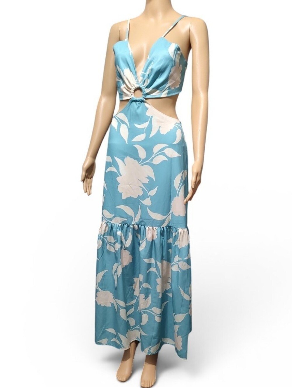 Turquoise & Cream  Floral Midriff Cutout Maxi Dress Sz Large